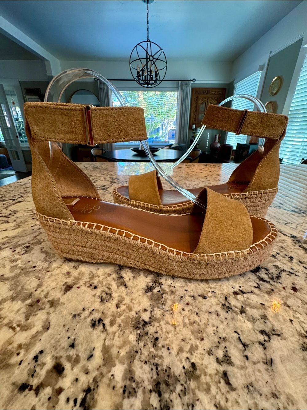 NWOB Franco Sarto Tan Suede Espadrille Wedge Sandals with Ankle Strap. Size 8